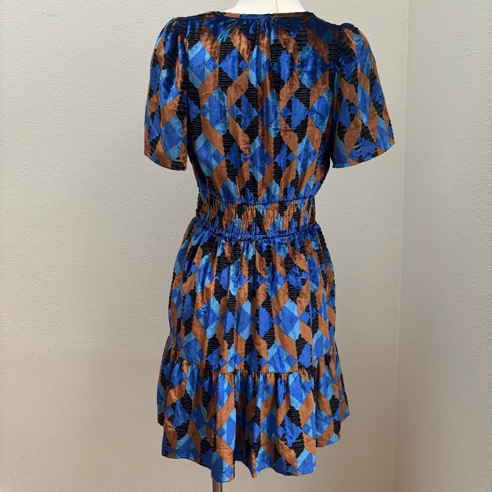 Anthropologie Somerset Mini Dress Velvet Geometric Blue Rust Motif Size Small - Picture 7 of 11